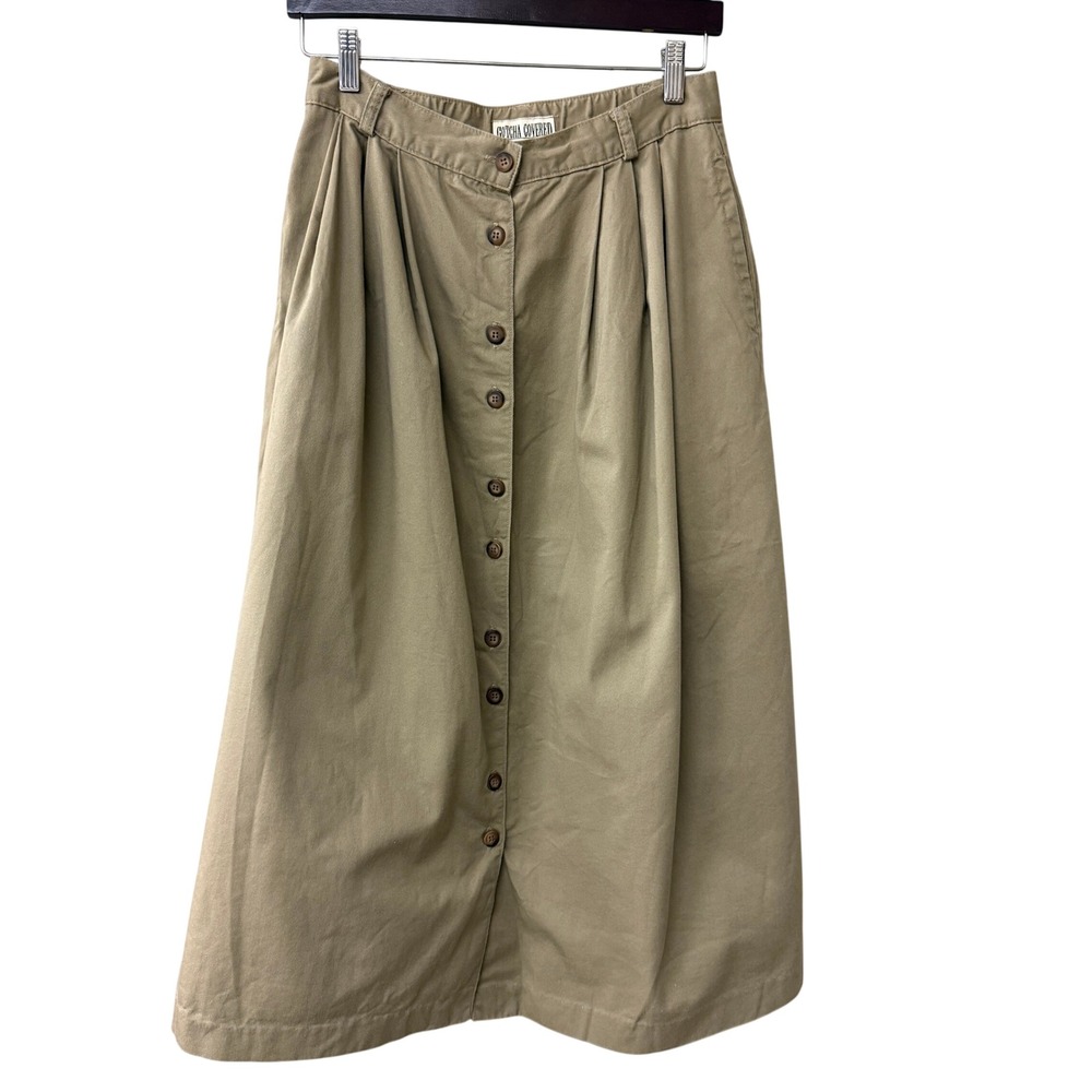 Vintage Gotcha Covered Khaki Cotton Button Front Pleated Midi Skirt Tan Size 12